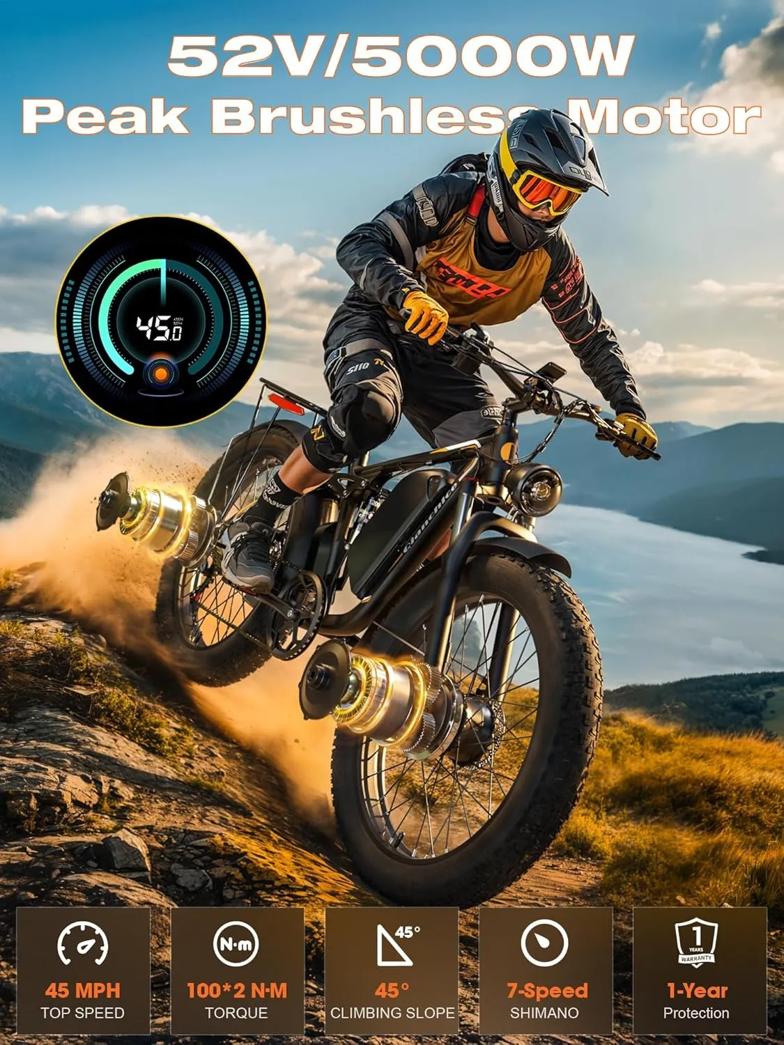 Dual Motor 3000W/4000W/5000W Peak Electric Bike for Adults-Women-Men, 52V 30AH/23AH Long Range Ebike Fat Tire, 37-41-45MPH Fast Electric Bicycle Dirt Bike