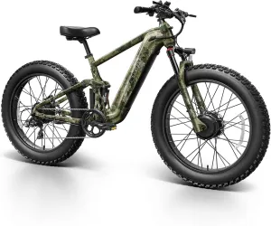 Dual Motor Electric Bike for Adults 1600W, 48V 20AH Battery, Full Suspension 26" Fat Tire E Bike, 28MPH 80Miles Range Mountain Electric Bicycle, 7 Speed, Golden Retriever