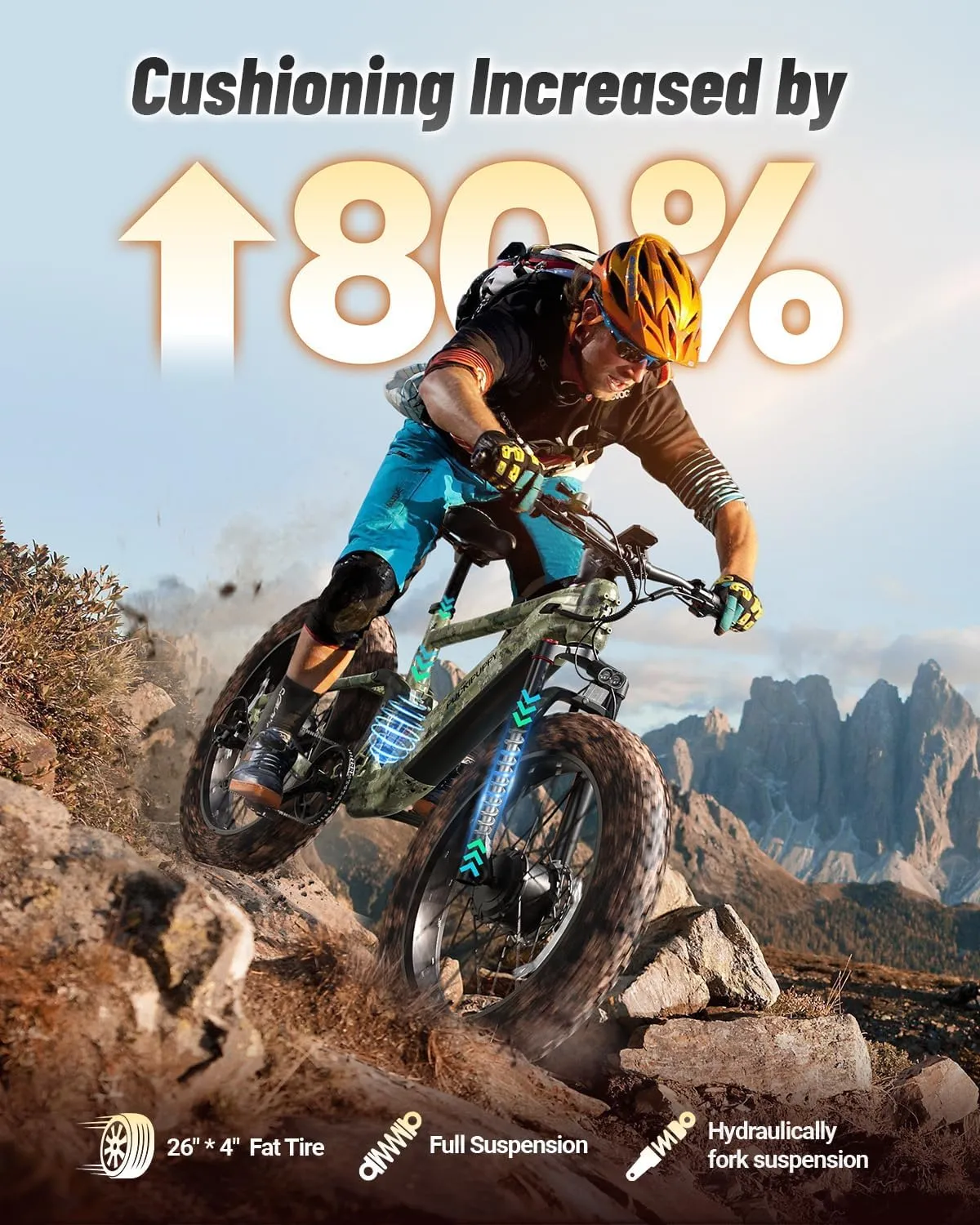 Dual Motor Electric Bike for Adults 1600W, 48V 20AH Battery, Full Suspension 26" Fat Tire E Bike, 28MPH 80Miles Range Mountain Electric Bicycle, 7 Speed, Golden Retriever