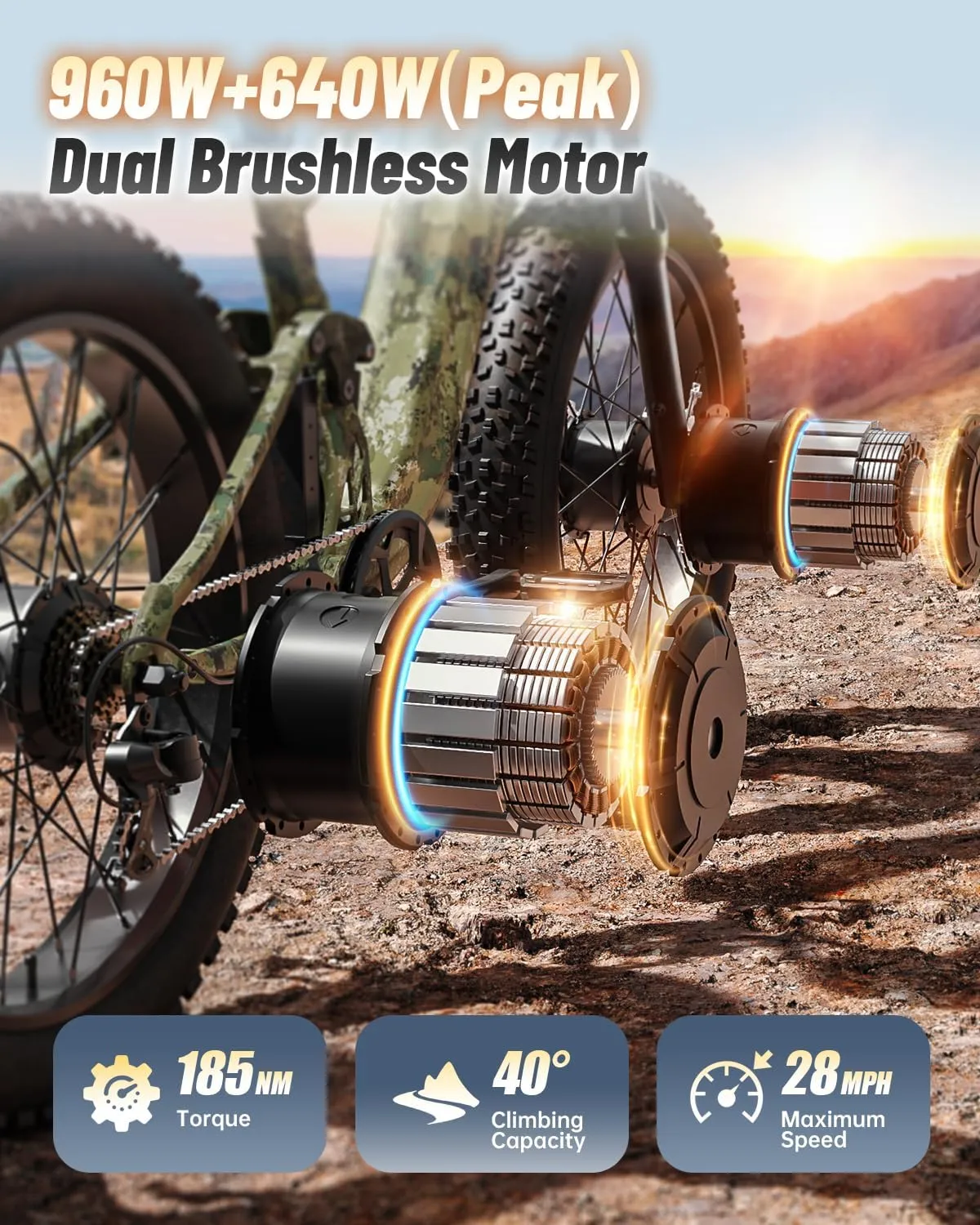 Dual Motor Electric Bike for Adults 1600W, 48V 20AH Battery, Full Suspension 26" Fat Tire E Bike, 28MPH 80Miles Range Mountain Electric Bicycle, 7 Speed, Golden Retriever