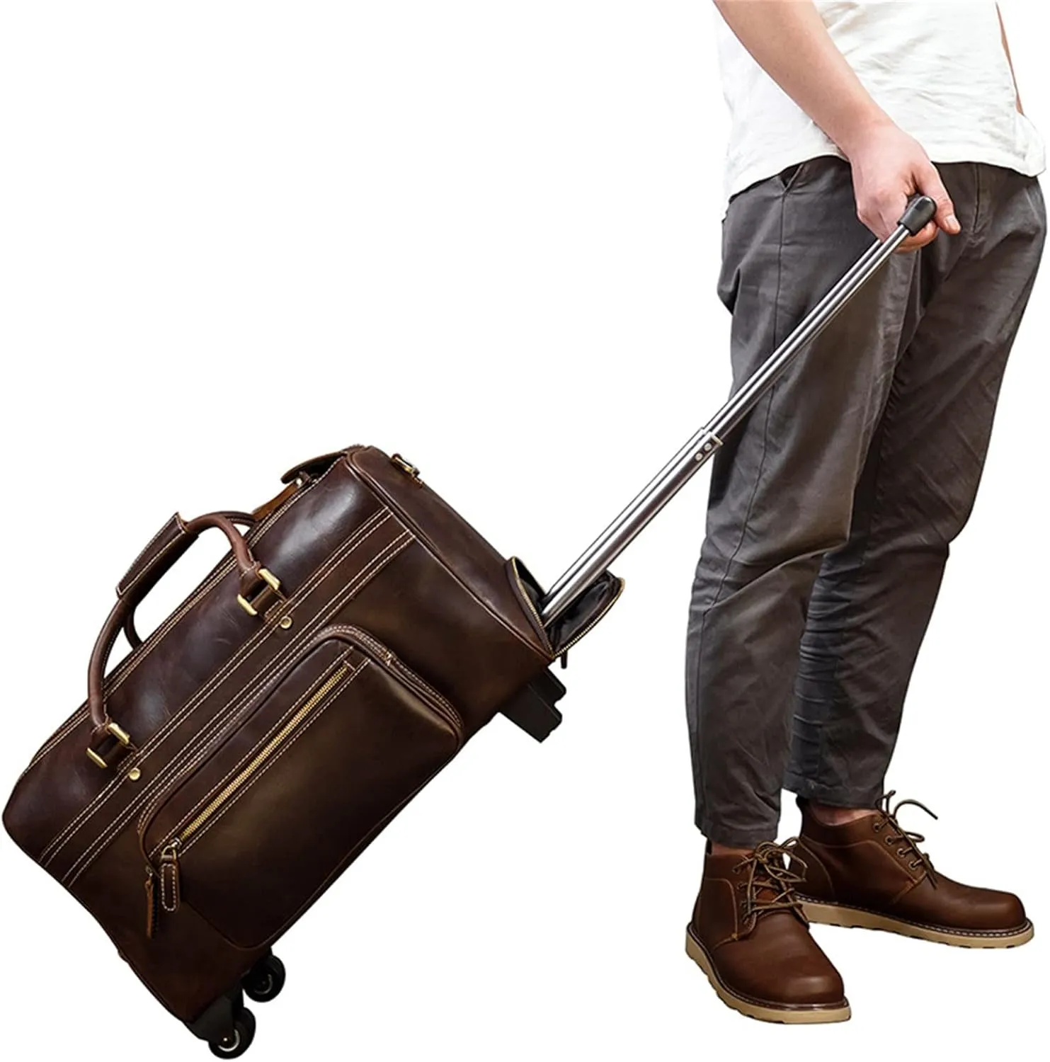 Duffle Bag Men's Leather Trolley Case Retro Leather Travel Bag for Travel, Workout