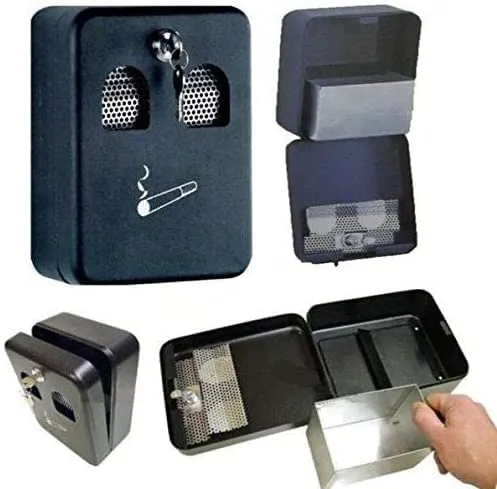 DWD® Ash bin Wall Mounted Ashtray Black Outside Pub Garden Office Restaurant Smoking Box Tray Cigarette Removable Steel ash bin with lockable drop-down front for security 20cm H x 16cm W x 8.5cm D