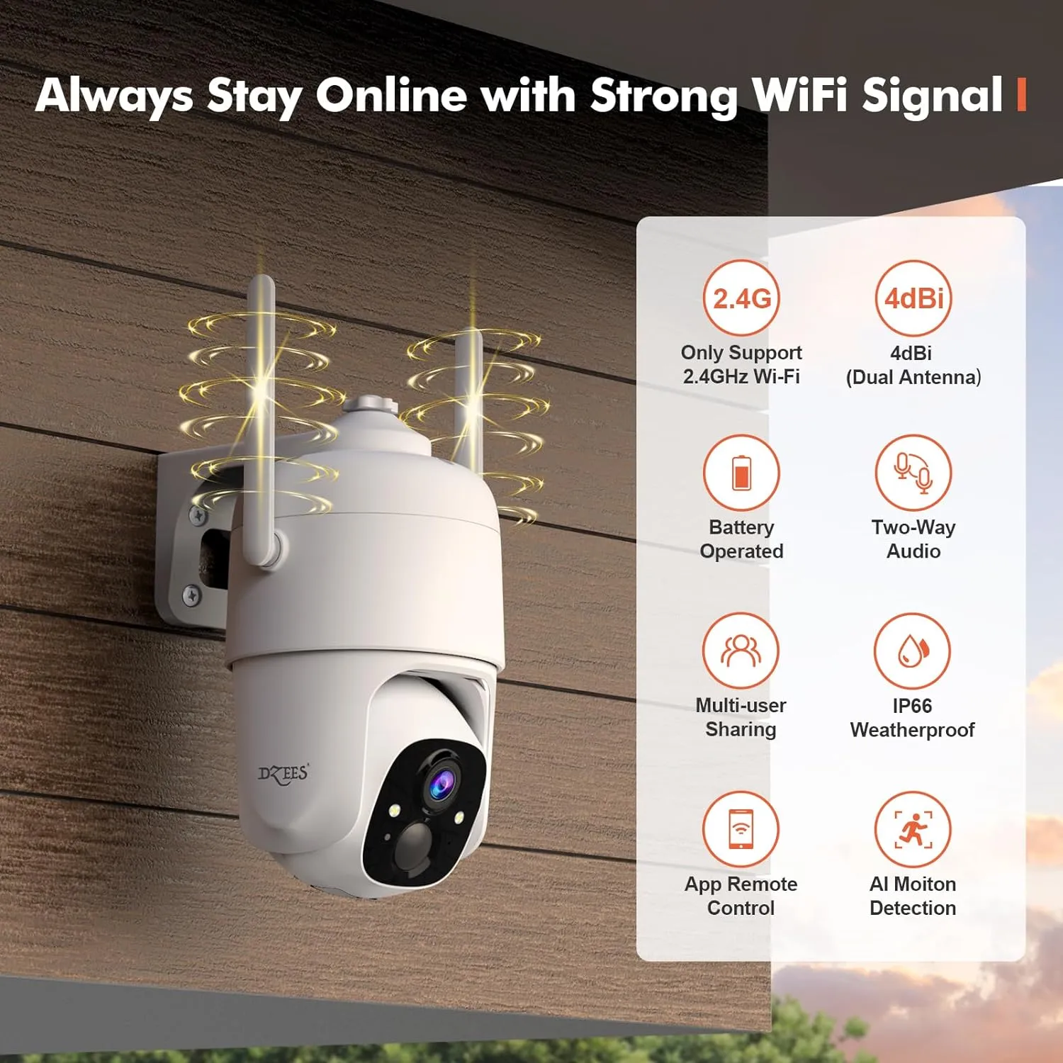 Dzees 360° PTZ Security Cameras Wireless Outdoor WiFi, 2K Powered Home Security Camera Indoor, Spotlight & Siren, Color Night Vision, 2-Way Talk, AI Motion Detection, IP66, Cloud Stroage