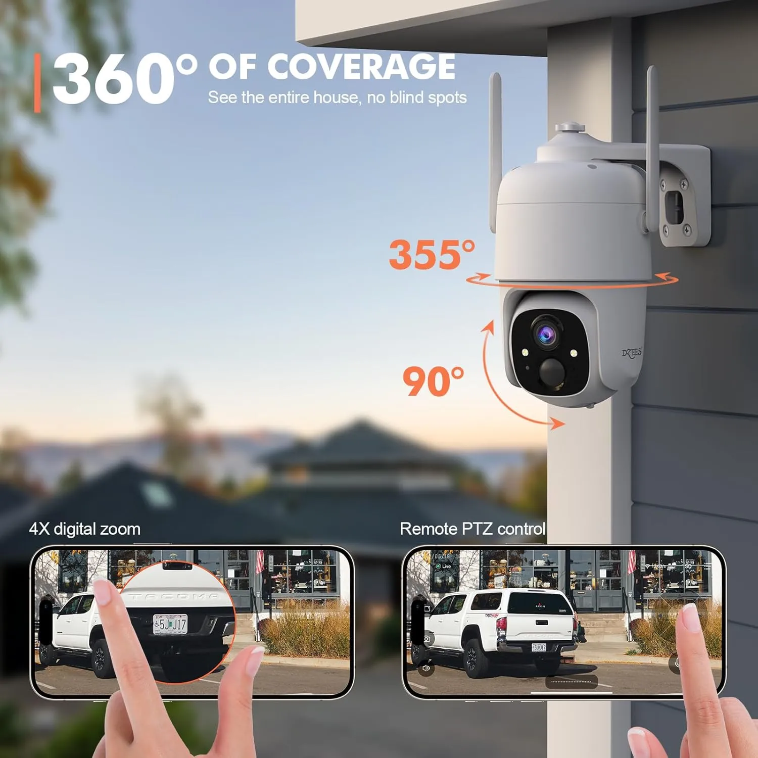 Dzees 360° PTZ Security Cameras Wireless Outdoor WiFi, 2K Powered Home Security Camera Indoor, Spotlight & Siren, Color Night Vision, 2-Way Talk, AI Motion Detection, IP66, Cloud Stroage