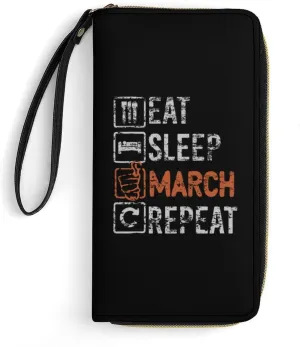 Eat Sleep March Repeat Women’s Wallet Zippered Long Clutch Purse Leather Handbag with Wristlet Strap