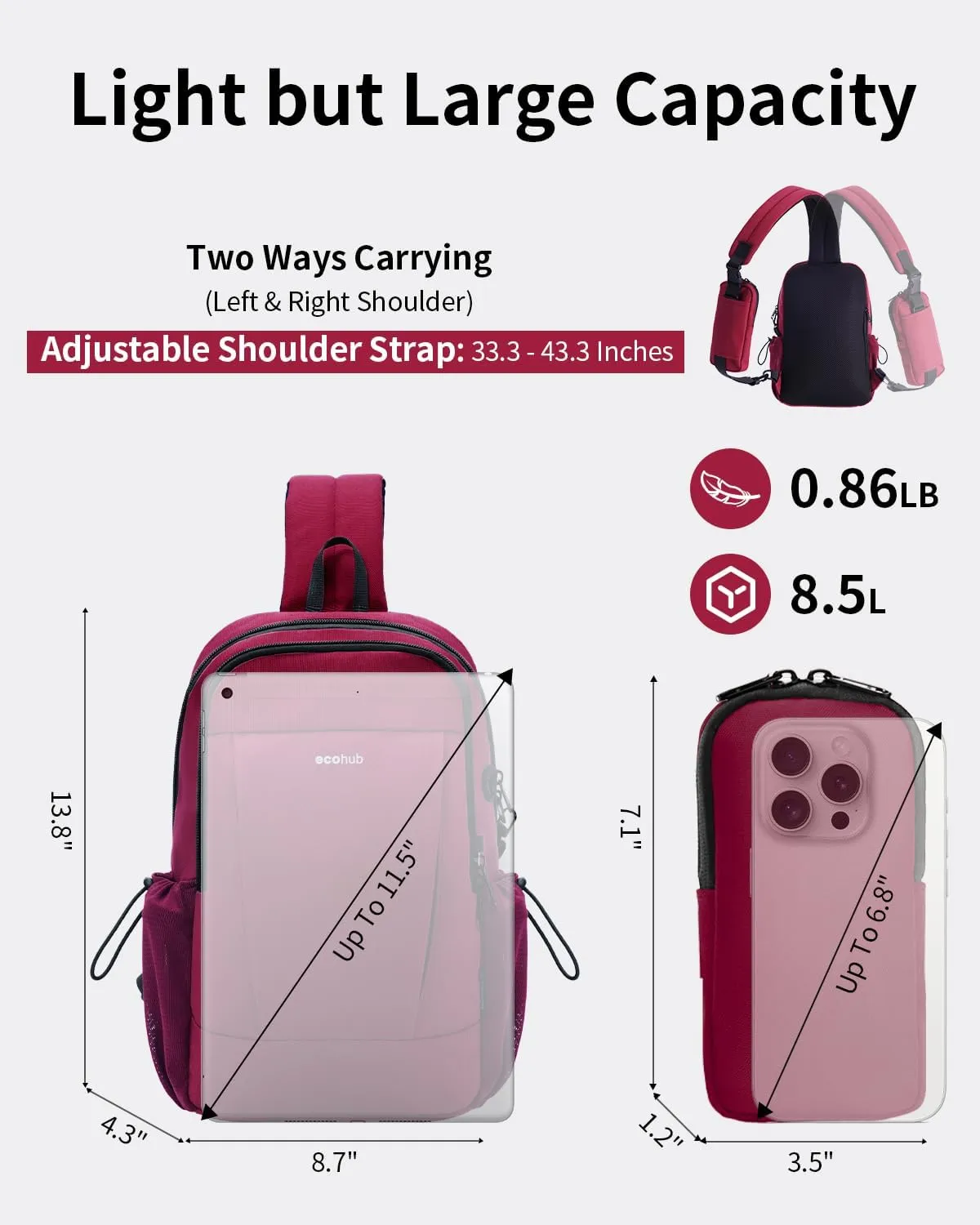 ECOHUB Crossbody Bags for Women Men, Anti-Theft RFID Blocking Sling Backpack with Sturdy SBS Zippers Water Resistant Chest Shoulder Bag Daypack with 9 Pockets Casual Outdoor Hiking, Red