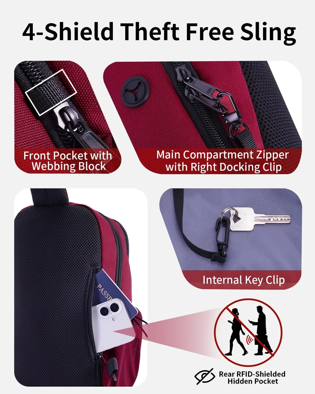 ECOHUB Crossbody Bags for Women Men, Anti-Theft RFID Blocking Sling Backpack with Sturdy SBS Zippers Water Resistant Chest Shoulder Bag Daypack with 9 Pockets Casual Outdoor Hiking, Red