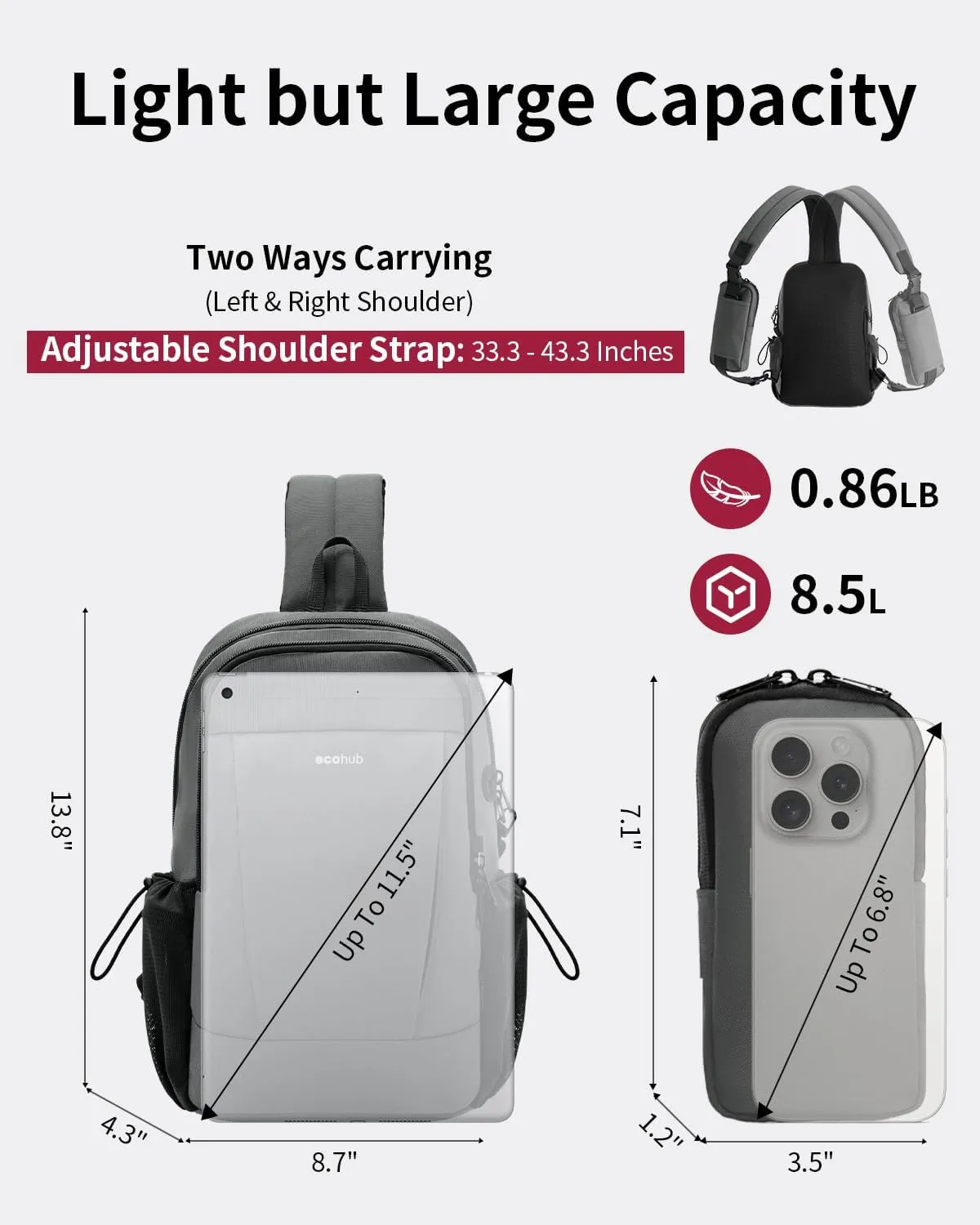ECOHUB Crossbody Bags for Women Men, Anti-Theft RFID Blocking Sling Backpack with Sturdy SBS Zippers Water Resistant Chest Shoulder Bag Daypack with 9 Pockets Travel Hiking, Grey