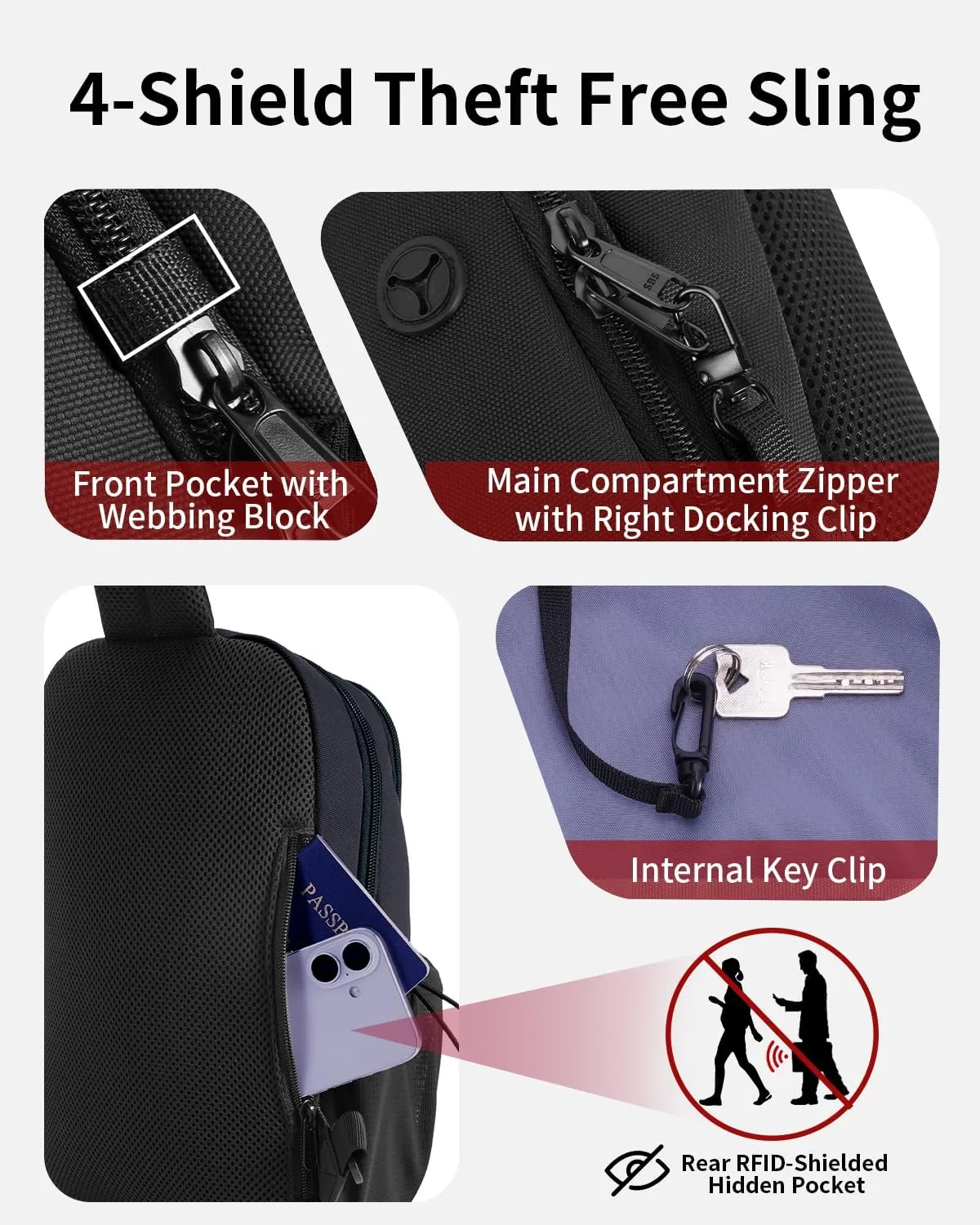 ECOHUB Crossbody Bags for Women Men, Anti-Theft RFID Blocking Sling Backpack with Sturdy SBS Zippers Water Resistant Chest Shoulder Bag Daypack with 9 Pockets Travel Work Hiking, Black