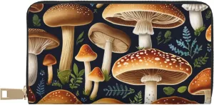 Edible Mushrooms Print Wallet with Zipper,Women's Large Capacity Clutch Purse,Cute Imitation Leather Wallet
