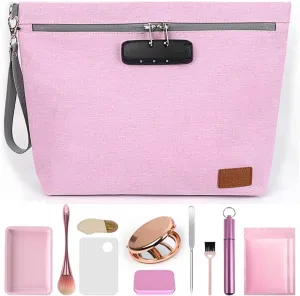 Egooz Pink Smell Proof Organizer Bag with 10 PCS Accessories & Combination Lock, Portable Travel Cosmetic Case with Secure Zipper Design (Medium Size, 11.8 x 9.8 Inches)