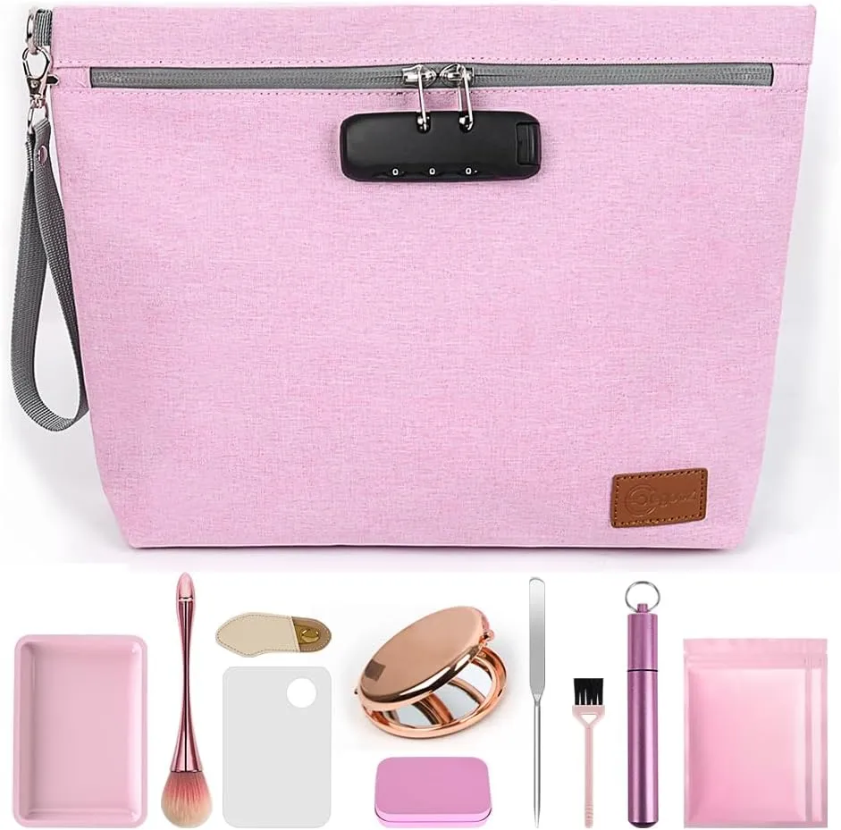 Egooz Pink Smell Proof Organizer Bag with 10 PCS Accessories & Combination Lock, Portable Travel Cosmetic Case with Secure Zipper Design (Medium Size, 11.8 x 9.8 Inches)