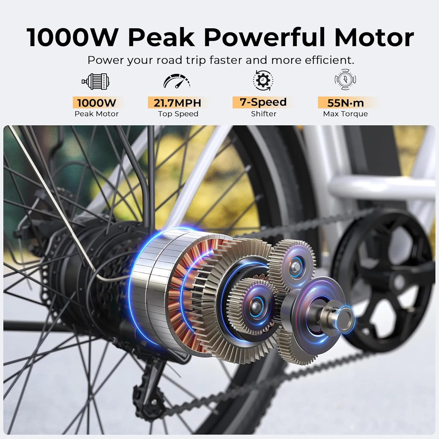 Electric Bike for Adults, 1000W Peak Ebike, 21.7MPH 50Miles City Cruiser Ebikes, 26" Step Thru Electric Bicycle with 48V Removable Battery, Adjustable Stem, Rear Rack, Front Suspension,7 Speed