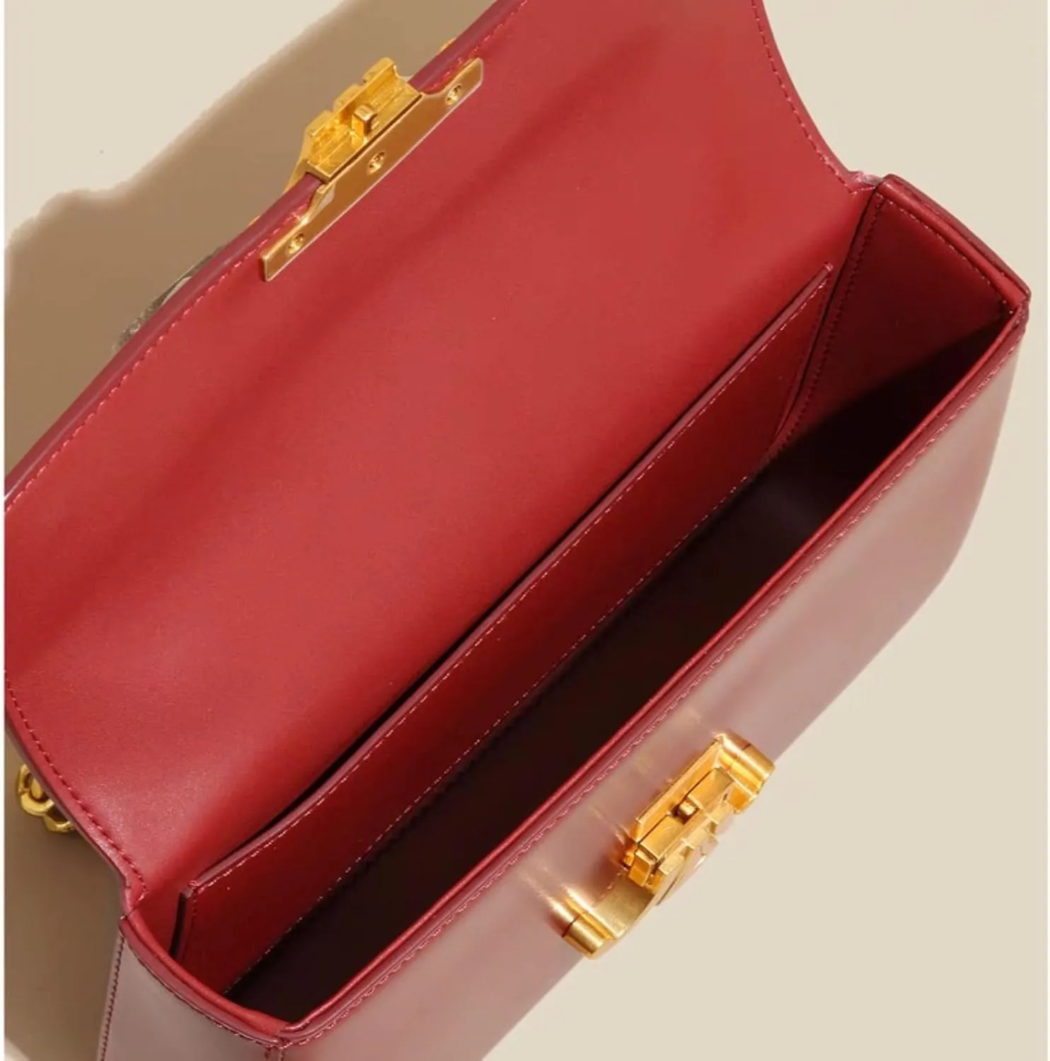 Elegant Real Leather Crossbody Bag, Burgundy Clutch, Single Shoulder Gold Bracelet