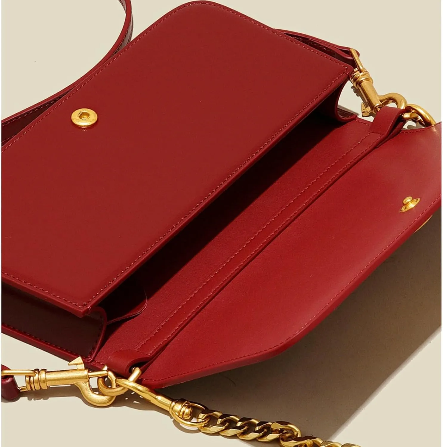 Elegant Real Leather Crossbody Bag, Burgundy Clutch, Single Shoulder Gold Bracelet