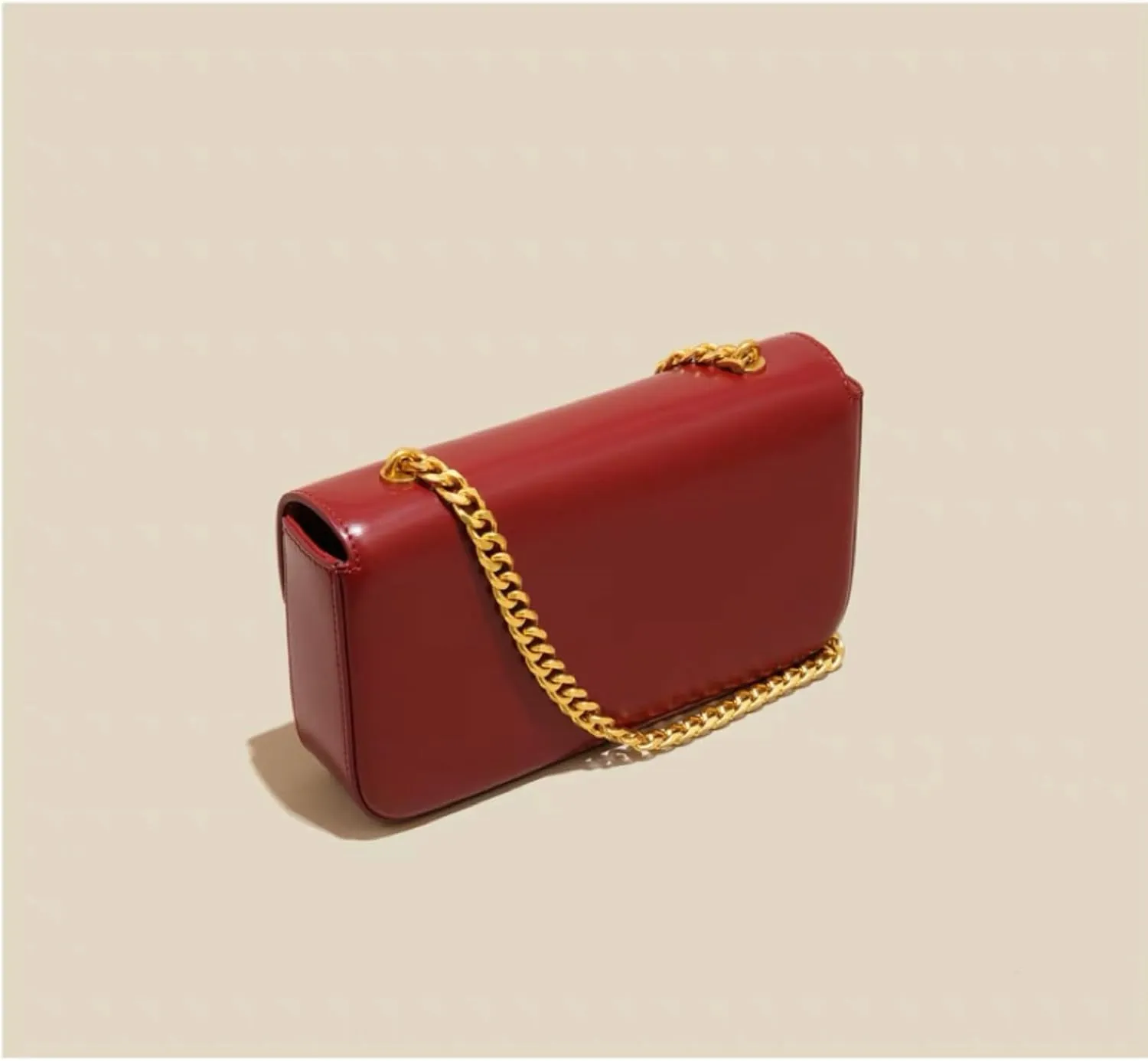 Elegant Real Leather Crossbody Bag, Burgundy Clutch, Single Shoulder Gold Bracelet