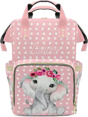 Elephant Flower Pink Diaper Bags Custom Name Backpack Personalized Baby Nappy Travel Tote Bag for Mom Gift