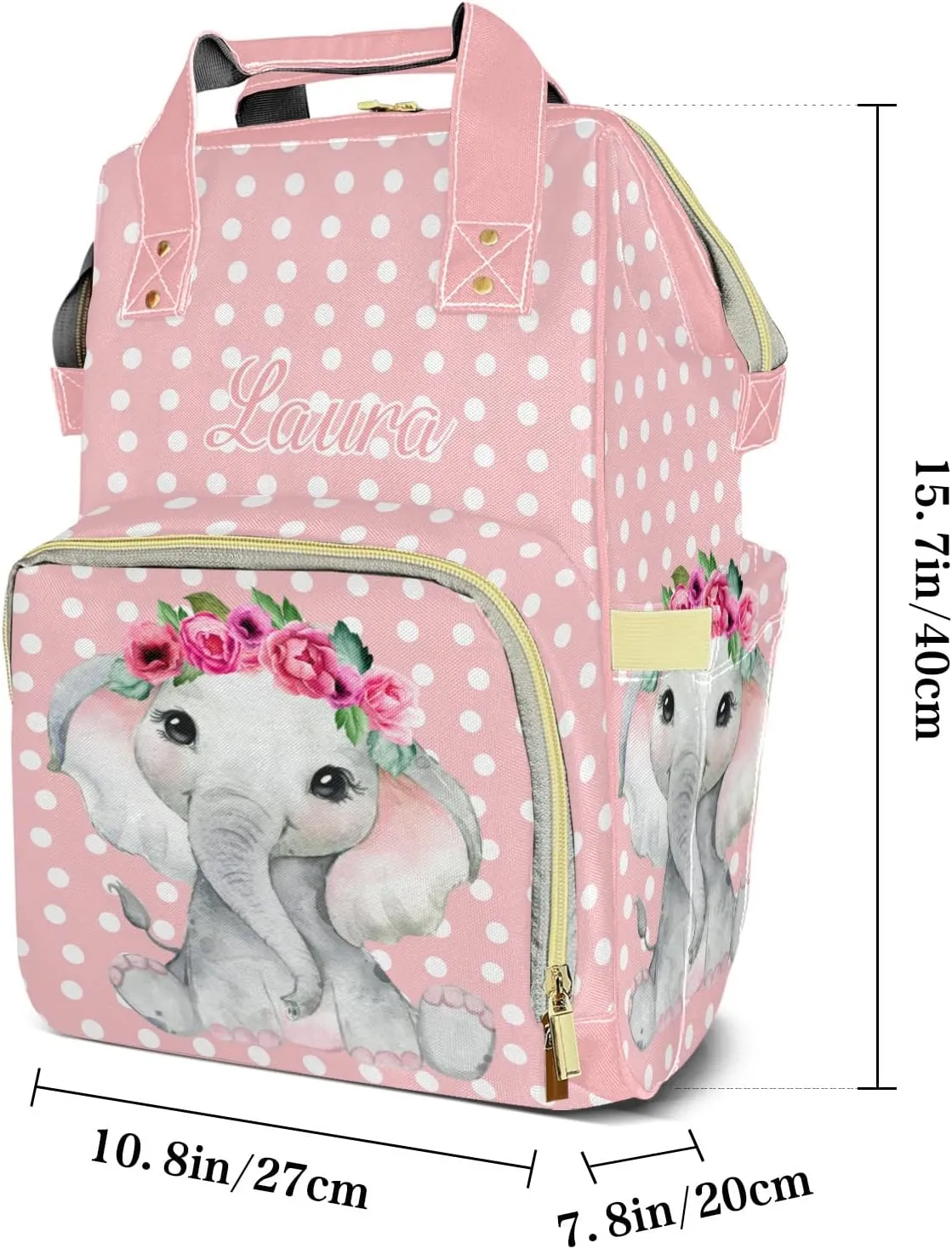 Elephant Flower Pink Diaper Bags Custom Name Backpack Personalized Baby Nappy Travel Tote Bag for Mom Gift