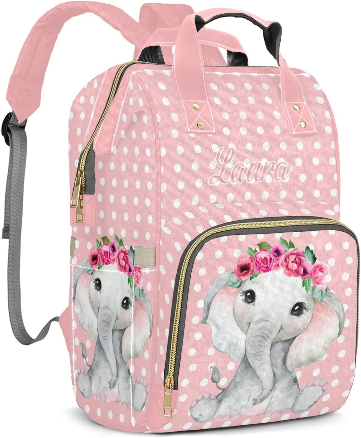Elephant Flower Pink Diaper Bags Custom Name Backpack Personalized Baby Nappy Travel Tote Bag for Mom Gift