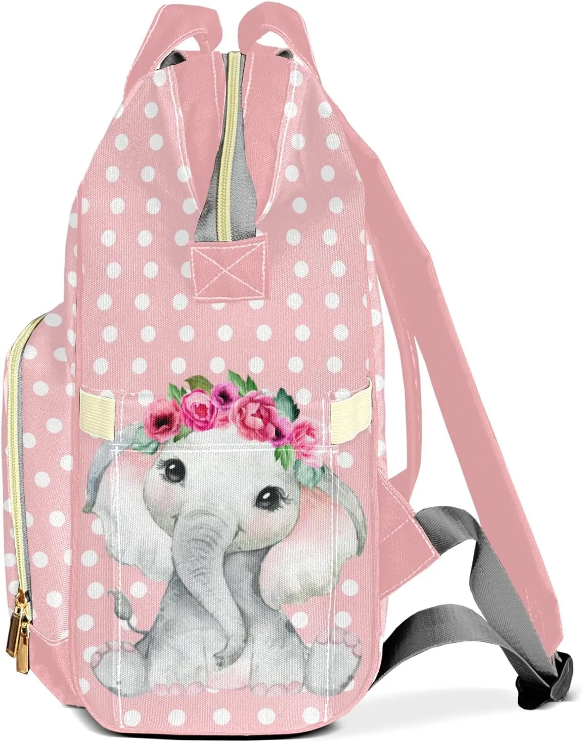 Elephant Flower Pink Diaper Bags Custom Name Backpack Personalized Baby Nappy Travel Tote Bag for Mom Gift