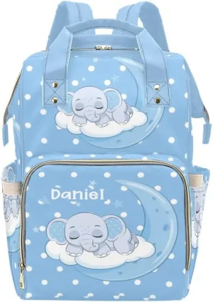 Elephant Sleep on Blue Moon Personalized Diaper Bag Backpack,Custom Name Diaper Backpack Nursing Baby Mommy Bag for Boys Girls Shower Gift