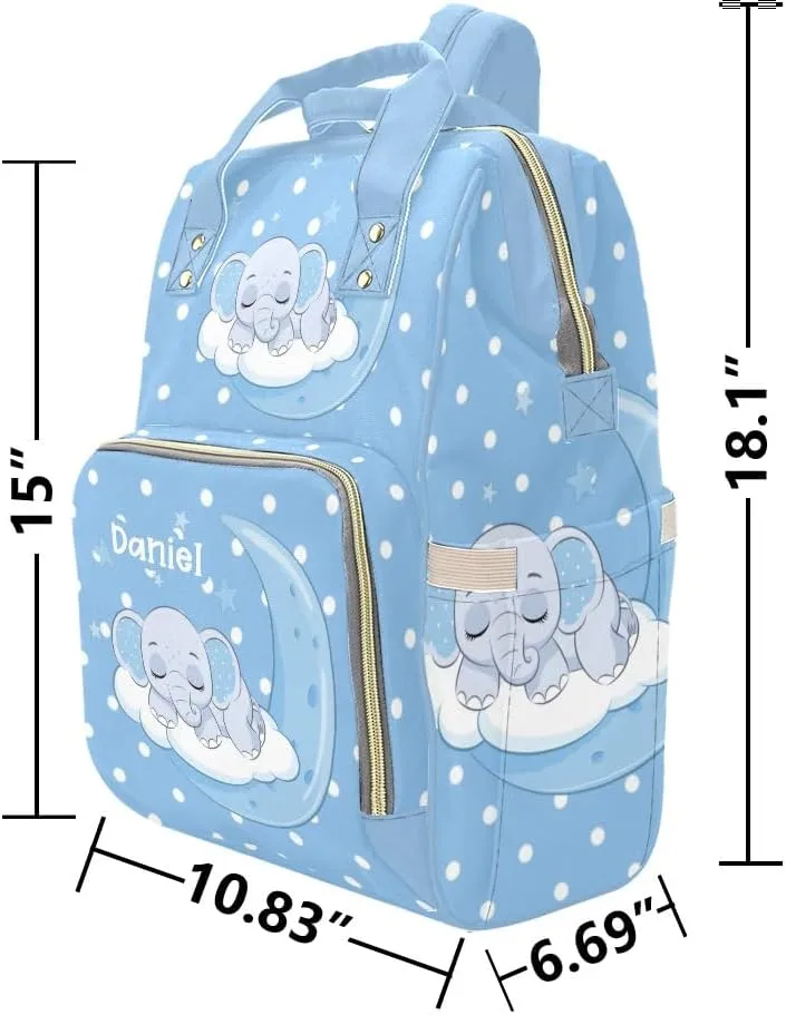 Elephant Sleep on Blue Moon Personalized Diaper Bag Backpack,Custom Name Diaper Backpack Nursing Baby Mommy Bag for Boys Girls Shower Gift