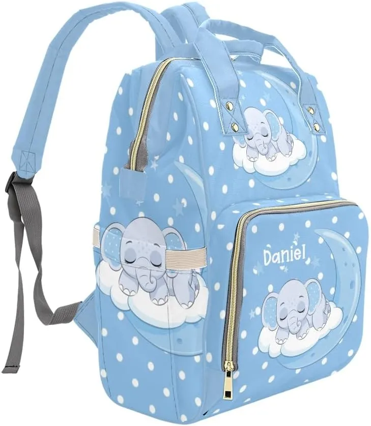 Elephant Sleep on Blue Moon Personalized Diaper Bag Backpack,Custom Name Diaper Backpack Nursing Baby Mommy Bag for Boys Girls Shower Gift