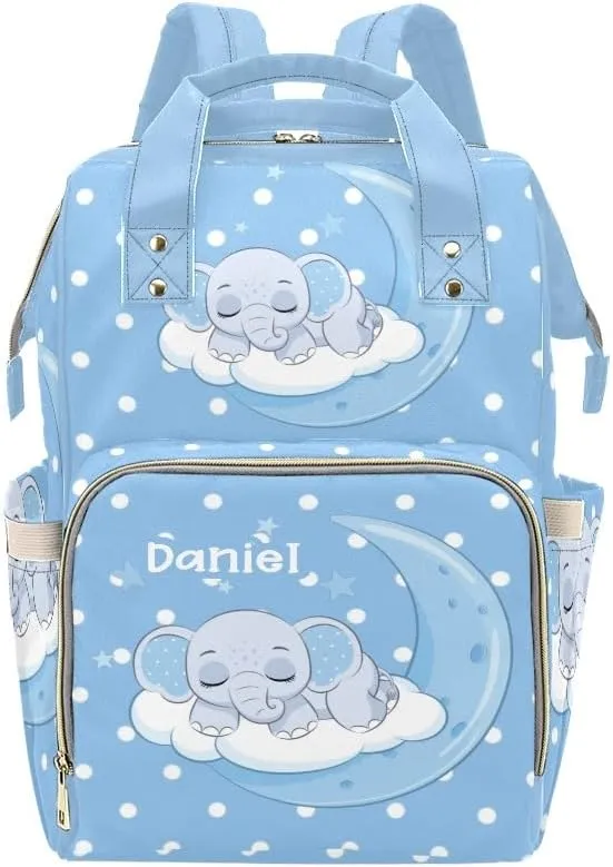 Elephant Sleep on Blue Moon Personalized Diaper Bag Backpack,Custom Name Diaper Backpack Nursing Baby Mommy Bag for Boys Girls Shower Gift