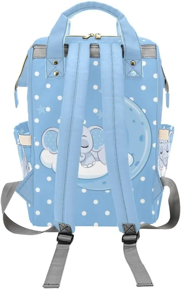 Elephant Sleep on Blue Moon Personalized Diaper Bag Backpack,Custom Name Diaper Backpack Nursing Baby Mommy Bag for Boys Girls Shower Gift