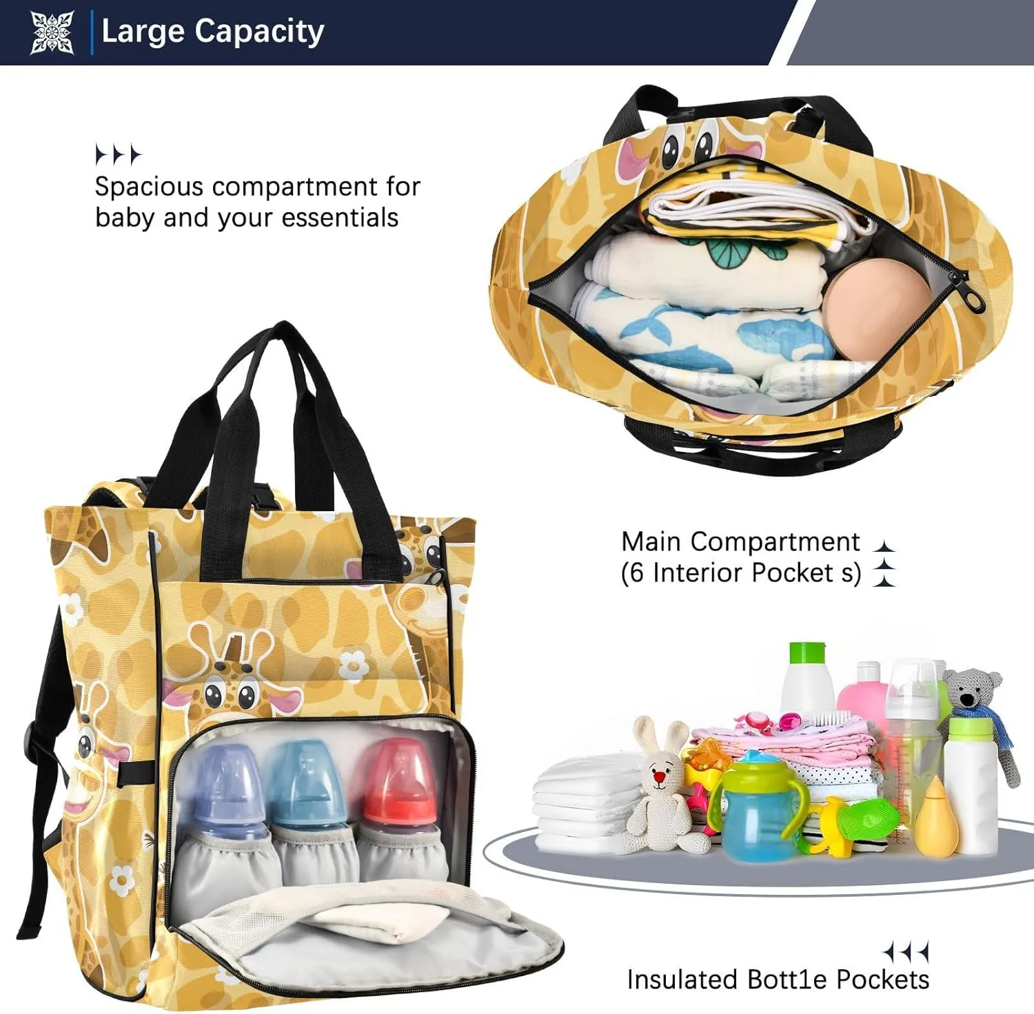 Emelivor Cartoon Giraffe Diaper Bag Backpack Large Capacity Travel Baby Bags Backpack Diaper Bags for Boy Girl Mom Dad Women