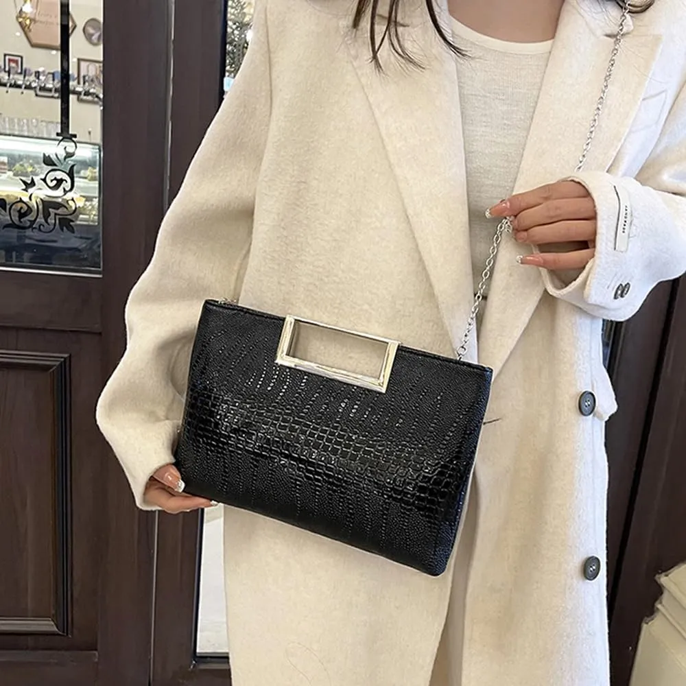 Entchin Clutch Purses for Women, Crocodile Pattern Vegan Leather Handbag, Detachable Chain Strap Crossbody Shoulder Bag