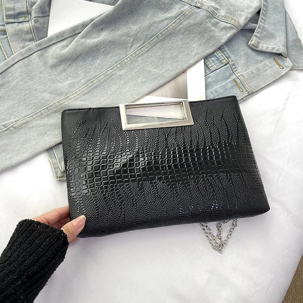 Entchin Clutch Purses for Women, Crocodile Pattern Vegan Leather Handbag, Detachable Chain Strap Crossbody Shoulder Bag