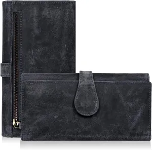 ESTALON Leather Long Bifold Wallet for Women | RFID Blocking | 11 Card Organizer Slots | 3 ID Windows | Trendy Women's Travel Wallet | Ladies Clutch Purse | Gifts for Her | Mother's Day Gift | Blue