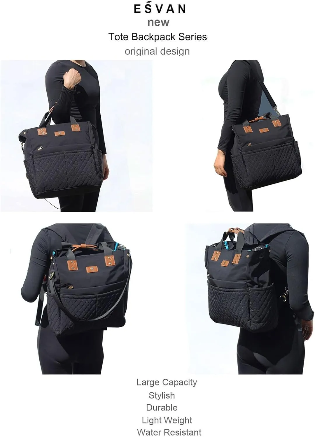 ESVAN Diaper Tote Bag Totepack Backpack Crossbody Bag 3 in 1 for Women Laptop Backpack Multifunctional with Insulated Pockets