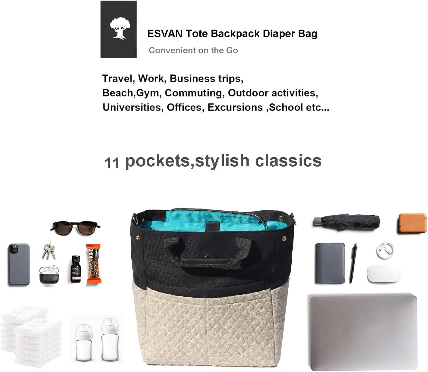 ESVAN Diaper Tote Bag Totepack Backpack Crossbody Bag 3 in 1 for Women Laptop Backpack Multifunctional with Insulated Pockets