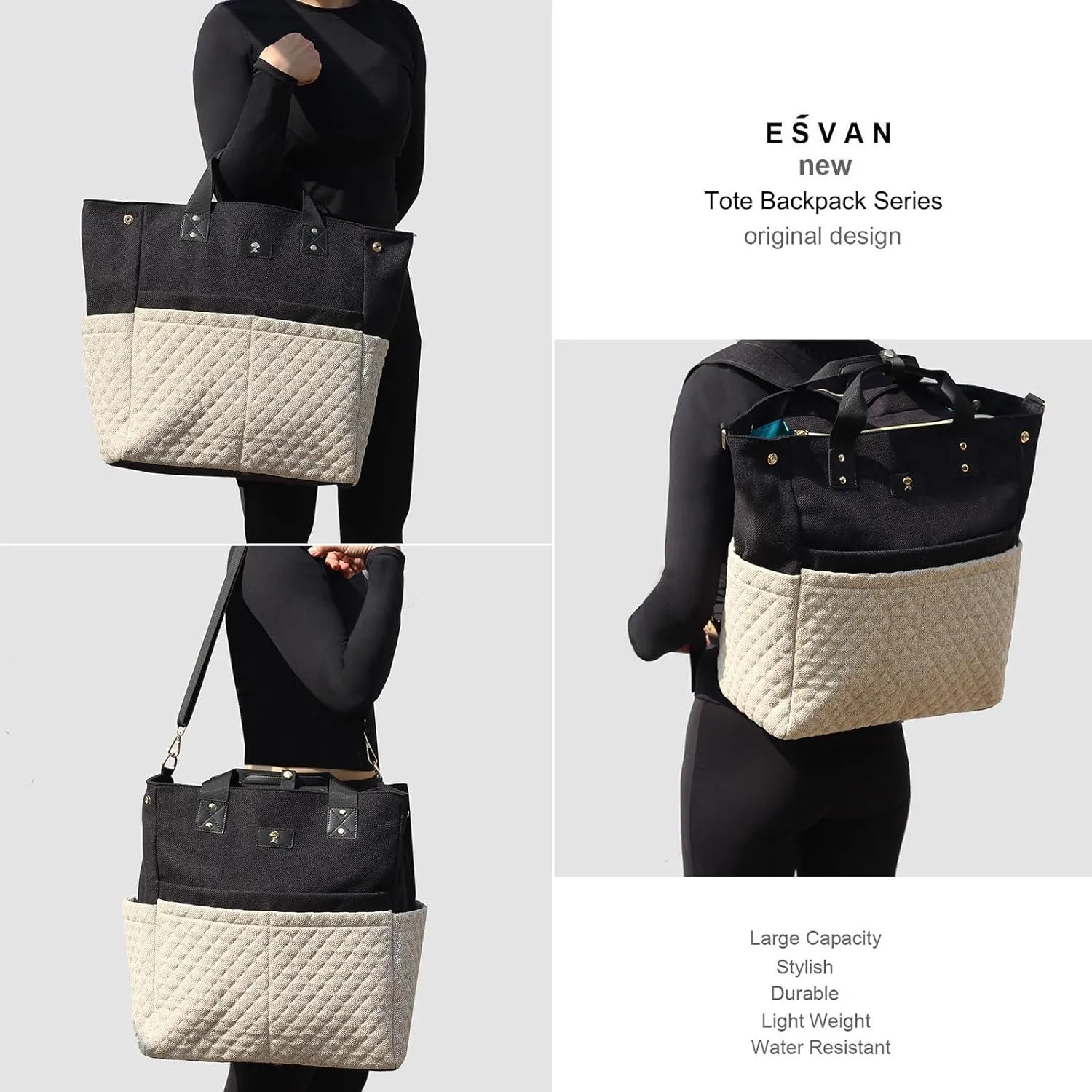 ESVAN Diaper Tote Bag Totepack Backpack Crossbody Bag 3 in 1 for Women Laptop Backpack Multifunctional with Insulated Pockets
