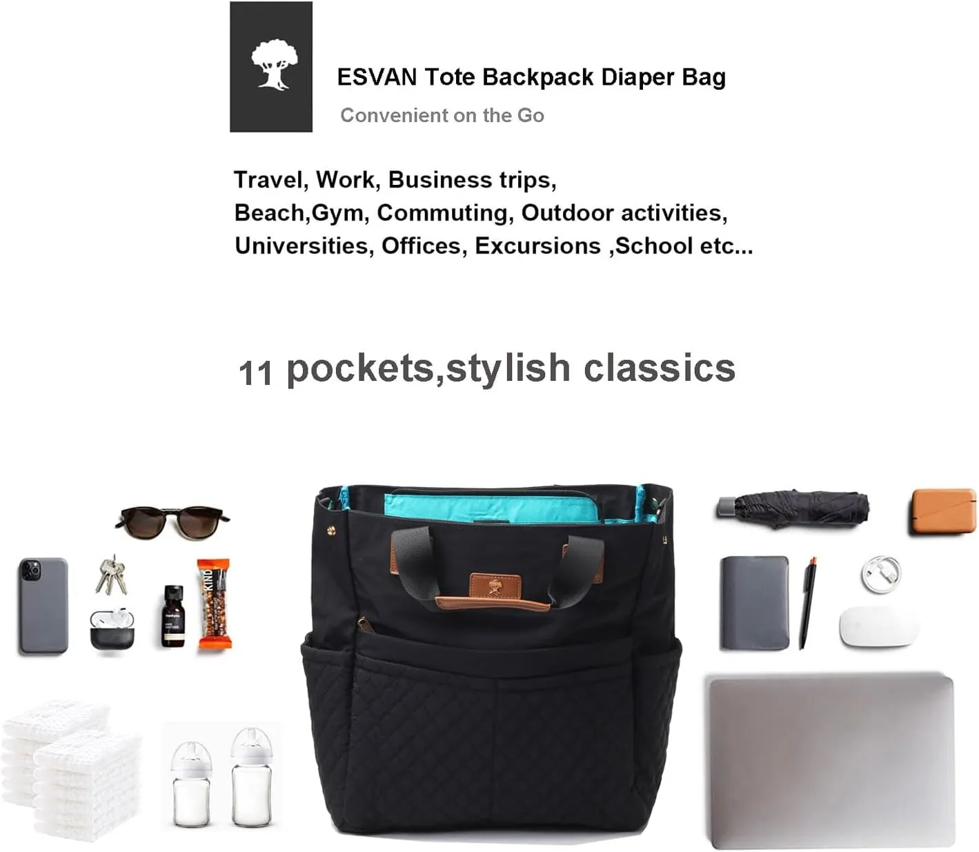 ESVAN Diaper Tote Bag Totepack Backpack Crossbody Bag 3 in 1 for Women Laptop Backpack Multifunctional with Insulated Pockets