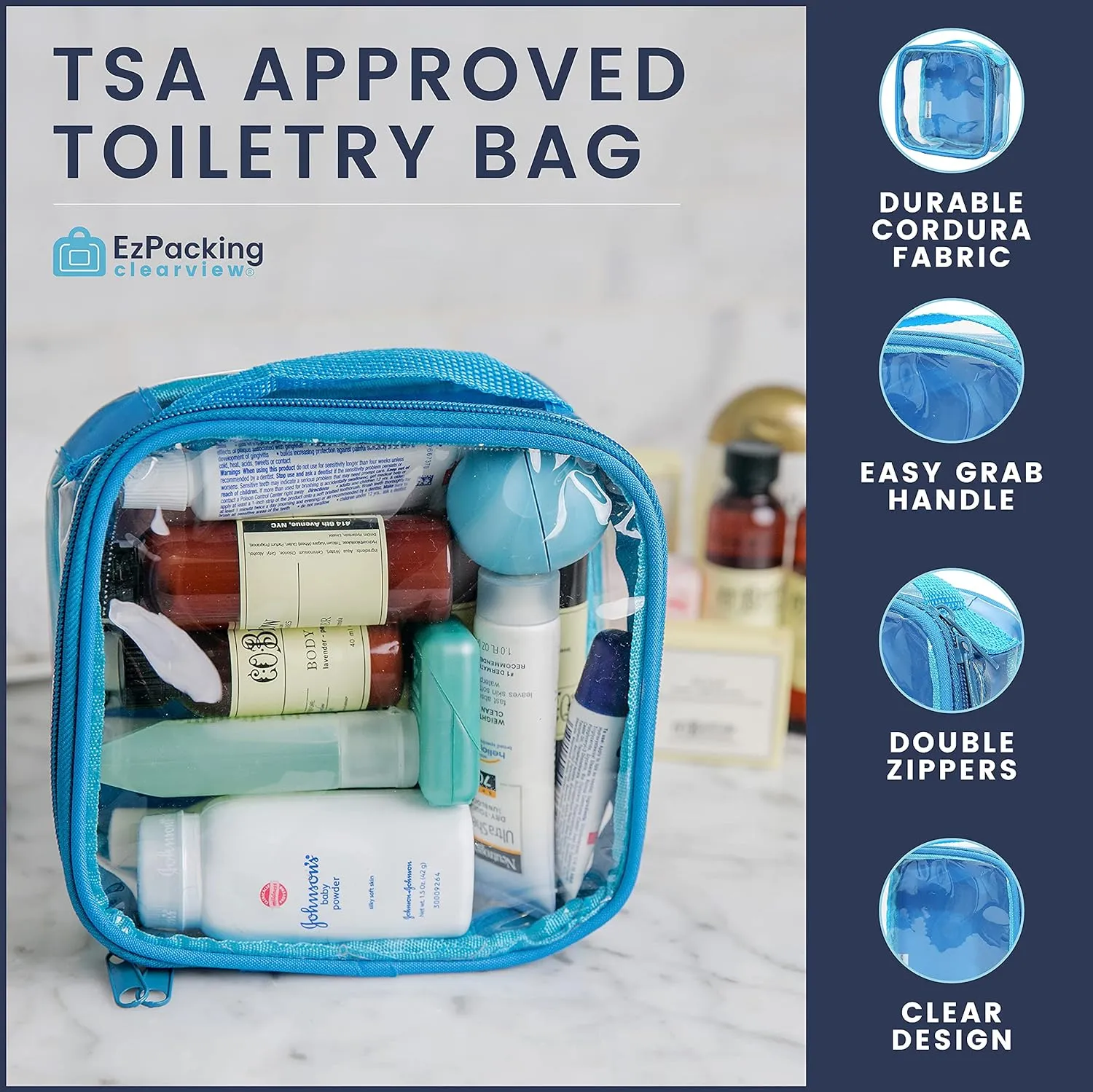 EzPacking Clear TSA Approved 3-1-1 Travel Toiletry Bag for Carry On/Quart Size Transparent Liquids Pouch for Airport Security/Reusable See Through Vinyl & PVC Plastic Organizer Men Women (Lilac)