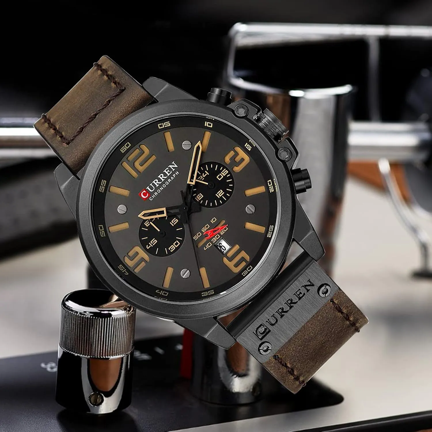 FANMIS Mens Sport Military Analog Quartz Watch Classic Chronograph Sandwich Dial Business Dress Waterproof Watch Multifunctional Wristwatch with Leather Strap