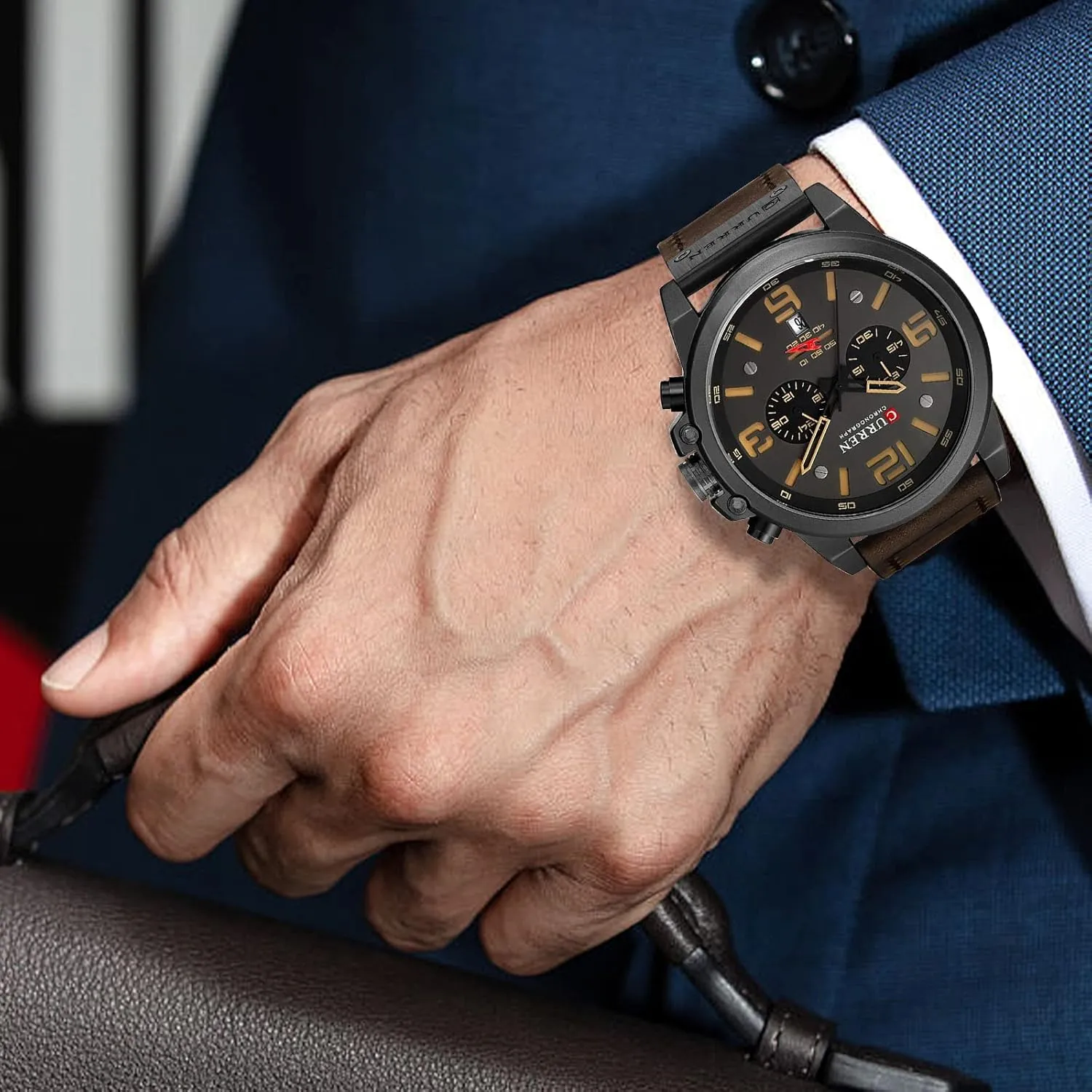 FANMIS Mens Sport Military Analog Quartz Watch Classic Chronograph Sandwich Dial Business Dress Waterproof Watch Multifunctional Wristwatch with Leather Strap