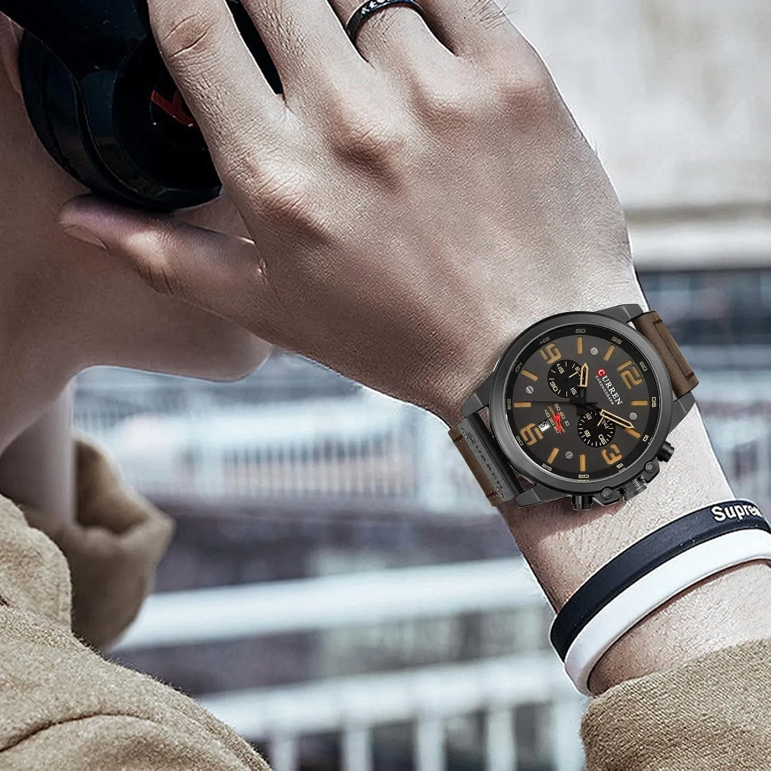 FANMIS Mens Sport Military Analog Quartz Watch Classic Chronograph Sandwich Dial Business Dress Waterproof Watch Multifunctional Wristwatch with Leather Strap