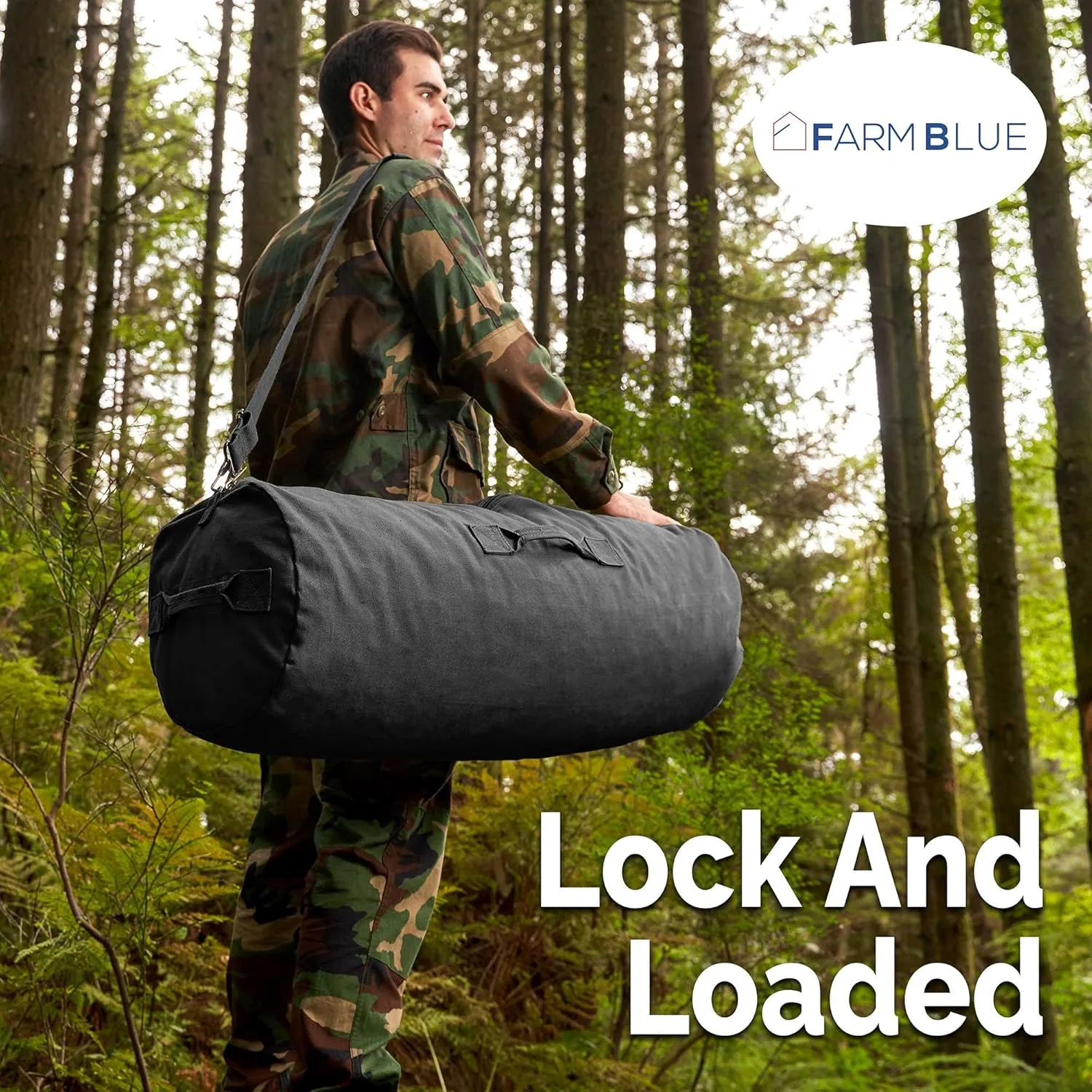 Farm Blue GI Style Zipper Duffel Bag - Large Heavy Duty Army Duffle Bag - Military Grade Cotton Canvas Duffel Bag - Reinforced Camping Bag - Strong Zipper, Center Grab Handle –21” x 36” - Black