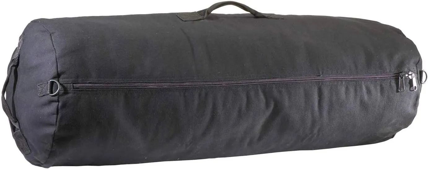 Farm Blue GI Style Zipper Duffel Bag - Large Heavy Duty Army Duffle Bag - Military Grade Cotton Canvas Duffel Bag - Reinforced Camping Bag - Strong Zipper, Center Grab Handle –21” x 36” - Black