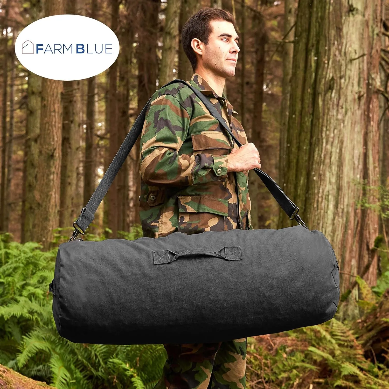 Farm Blue GI Style Zipper Duffel Bag - Large Heavy Duty Army Duffle Bag - Military Grade Cotton Canvas Duffel Bag - Reinforced Camping Bag - Strong Zipper, Center Grab Handle –21” x 36” - Black