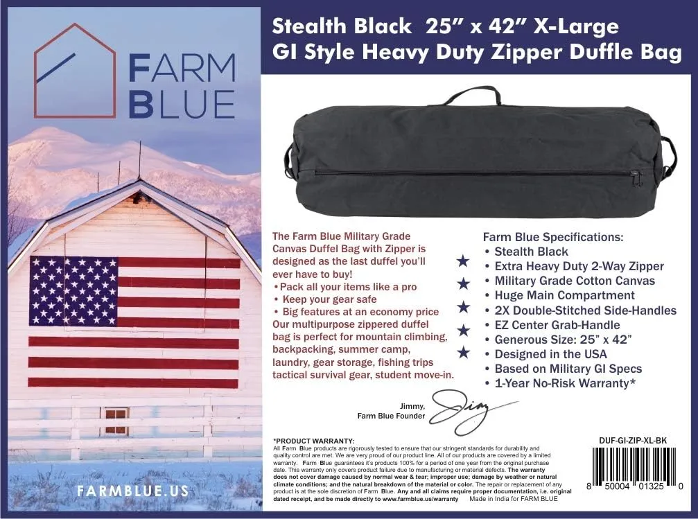 Farm Blue GI Style Zipper Duffel Bag - Large Heavy Duty Army Duffle Bag - Military Grade Cotton Canvas Duffel Bag - Reinforced Camping Bag - Strong Zipper, Center Grab Handle –21” x 36” - Black