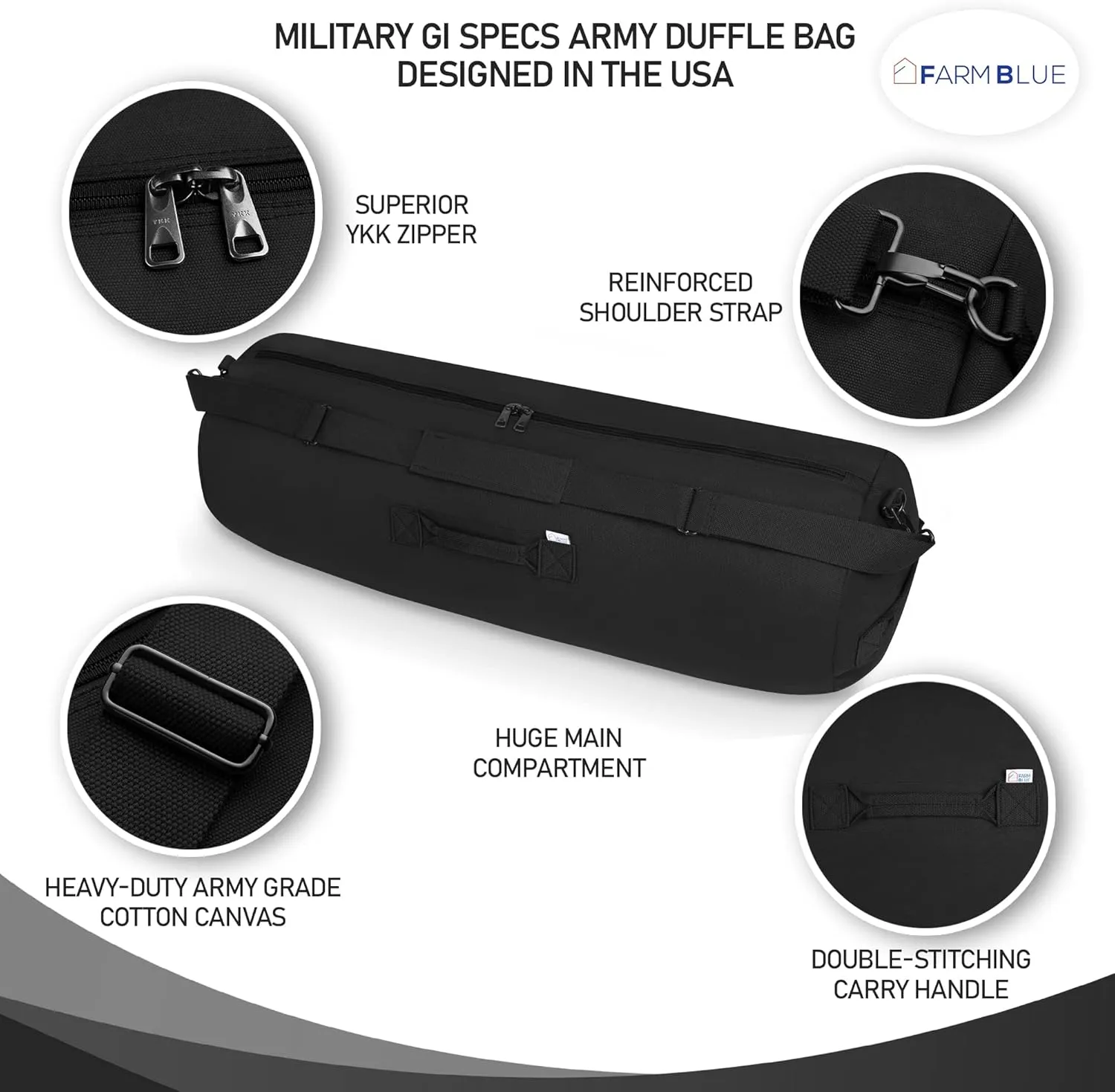 Farm Blue GI Style Zipper Duffel Bag - Large Heavy Duty Army Duffle Bag - Military Grade Cotton Canvas Duffel Bag - Reinforced Camping Bag - Strong Zipper, Center Grab Handle –21” x 36” - Black