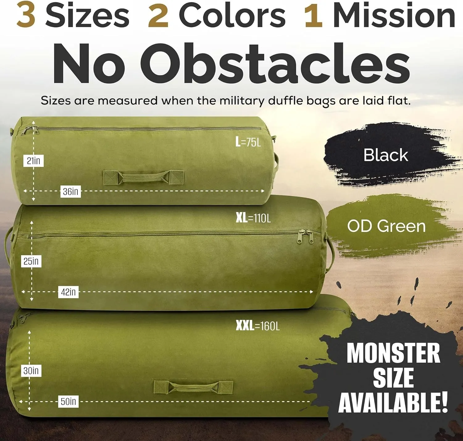 Farm Blue GI Style Zipper Duffel Bag - Large Heavy Duty Army Duffle Bag - Military Grade Cotton Canvas Duffel Bag - Reinforced Camping Bag - Strong Zipper, Center Grab Handle –21” x 36” - Black