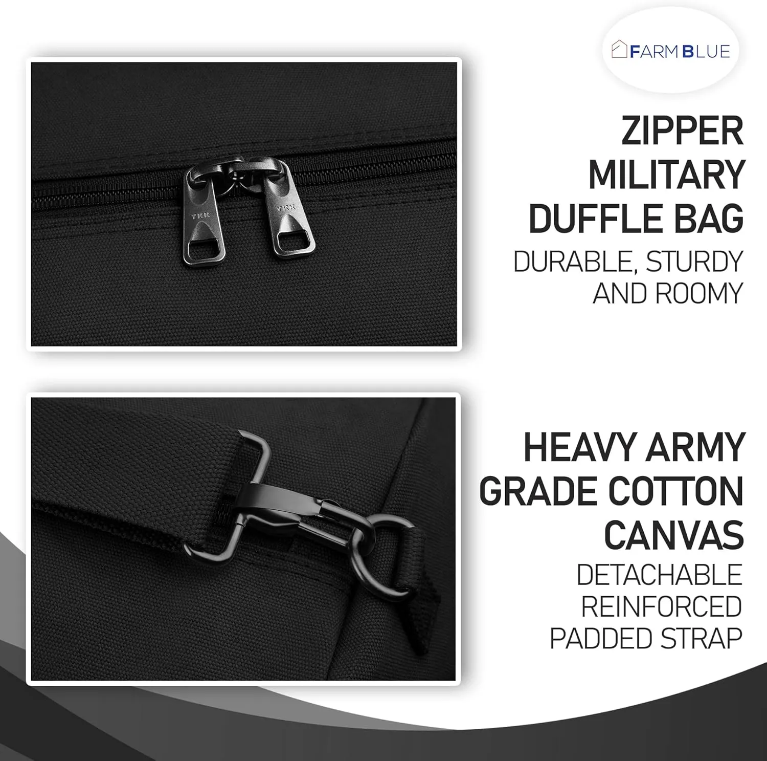 Farm Blue GI Style Zipper Duffel Bag - Large Heavy Duty Army Duffle Bag - Military Grade Cotton Canvas Duffel Bag - Reinforced Camping Bag - Strong Zipper, Center Grab Handle –21” x 36” - Black