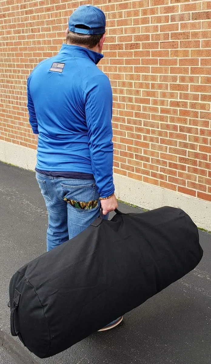 Farm Blue GI Style Zipper Duffel Bag - Large Heavy Duty Army Duffle Bag - Military Grade Cotton Canvas Duffel Bag - Reinforced Camping Bag - Strong Zipper, Center Grab Handle –21” x 36” - Black