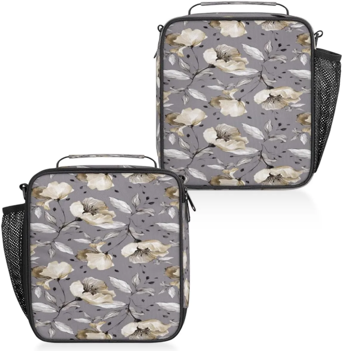 Fashion Flower Gray Insulated Lunch Bag Reusable Waterproofing Lunch Box with Shoulder Strap Handle and Water Bottle Net Bag for Travel Camping Beach Picnic